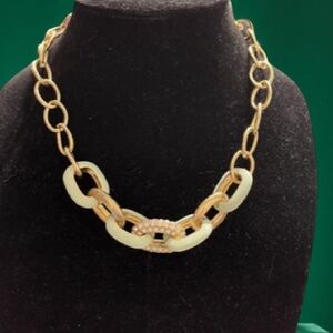 Chain Link Necklace gold, green enamel rhinestone necklace, Statement Jewelry